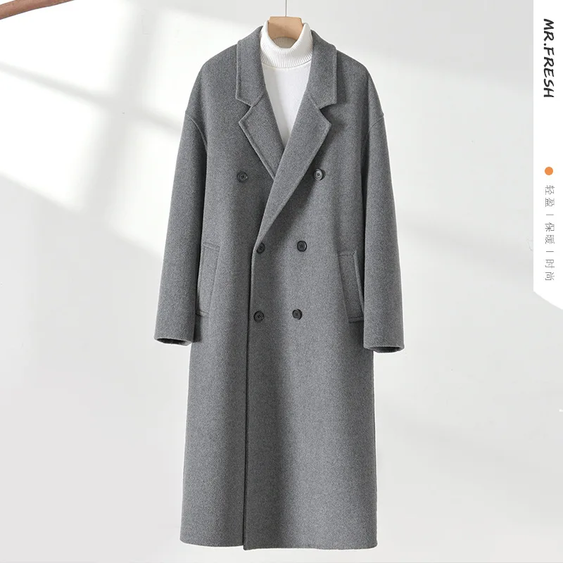 Autumn and winter double-sided cotton cashmere coat men's long over-knee double-breasted loose Korean wool woolen trench coat