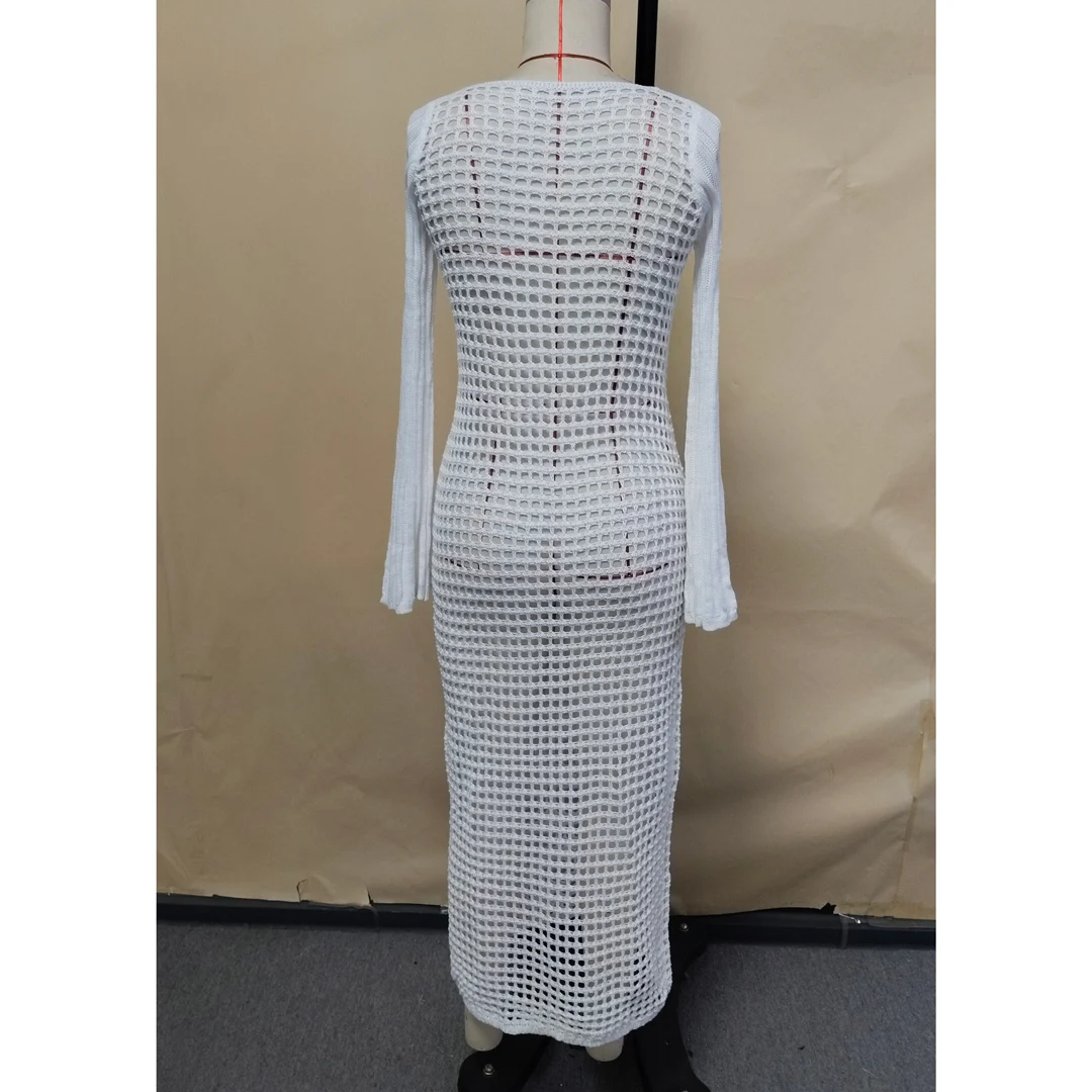 Langärmliges, quadratisches Neckholder-Strickkleid mit Ausschnitten, Strandkleid, Strandmode, Strandüberwurf, Damen V6111 – Detail 9
