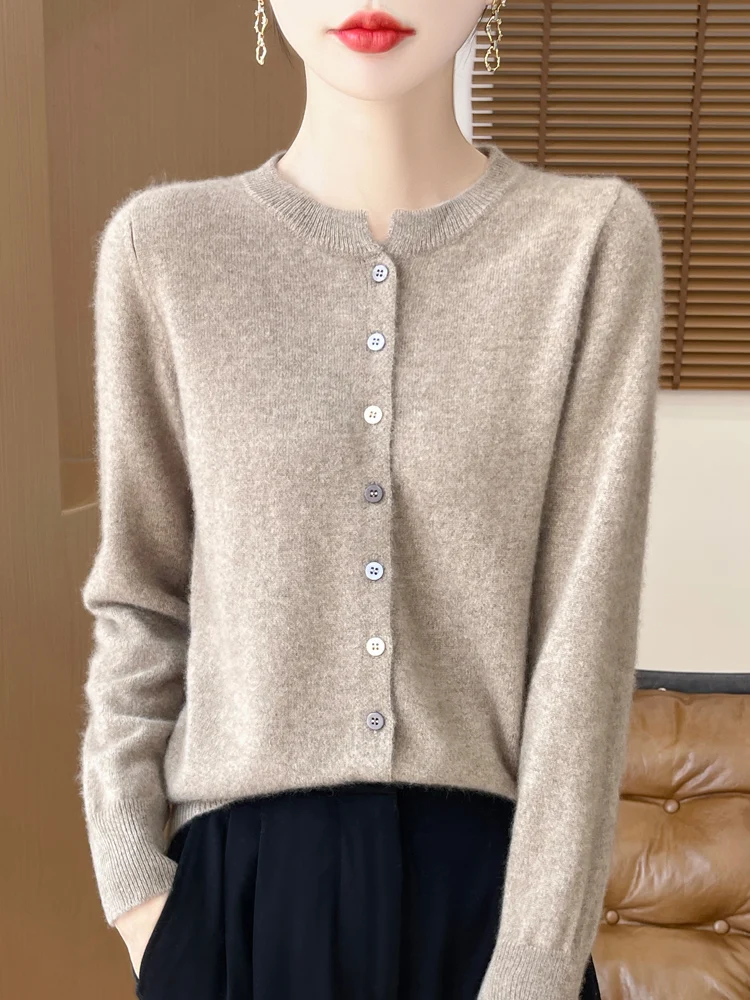 100% Merino Wool Sweater Women O-neck V-neck Cardigan Office Lady Knitwear Grace Cashmere Autumn Winter Comfortable Clothing Top