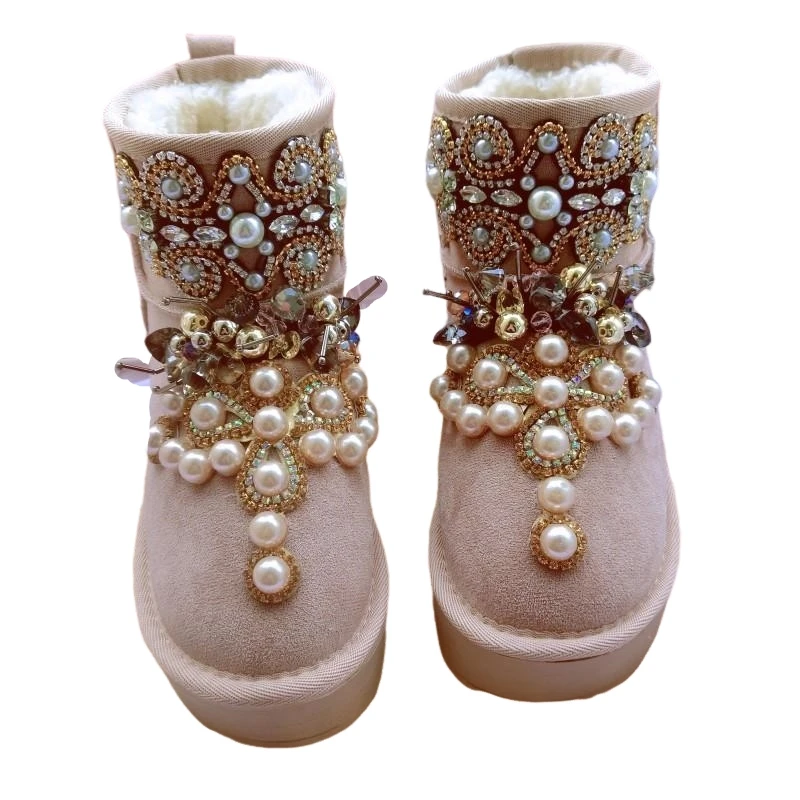 Pearls Beaded Non-Slip Women Snow Boots 2024 Cow Suede Winter Warm Thicken Fur Plush Shoes Female Rhinestones Ankle Booties