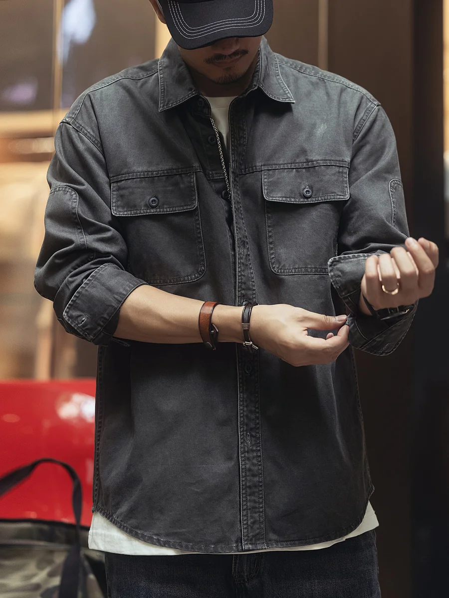 American Retro Workwear Long Sleeve Denim Shirt Jacket Men's Loose Hunting Style Cotton Canvas Outerwear Autumn Collection