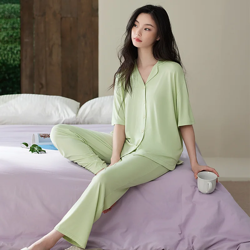 Women modal pajamas set summer short sleeve 2 pieces sets solid color sleeping home clothes turn down collar pijamas mujer XXXL