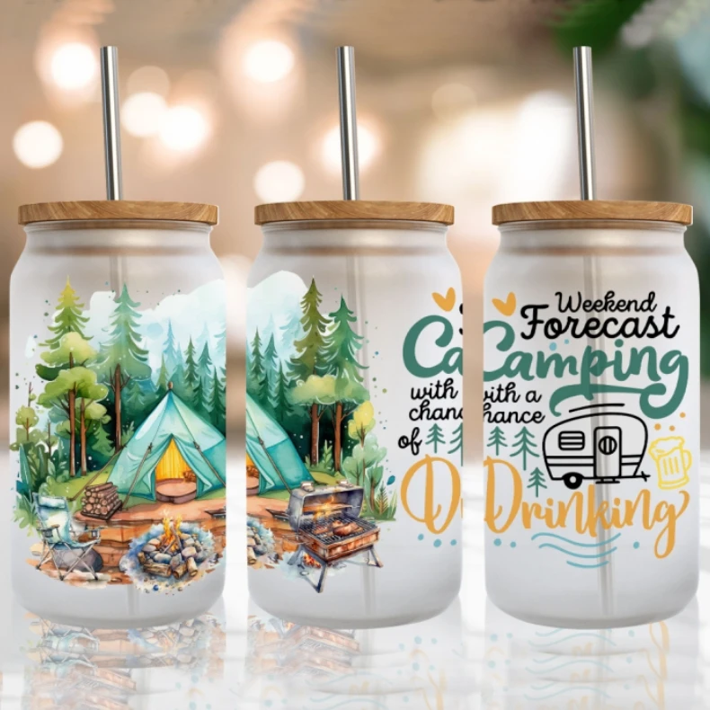 1ชิ้น16ออนซ์ UV DTF ถ้วยดื่มน้ำสำหรับการตั้งแคมป์ป่าสติกเกอร์โอนสำหรับแก้ว Libbey สามารถใช้ด้วยตัวเอง DIY ออกแบบเองล้างทำความสะอาดได้