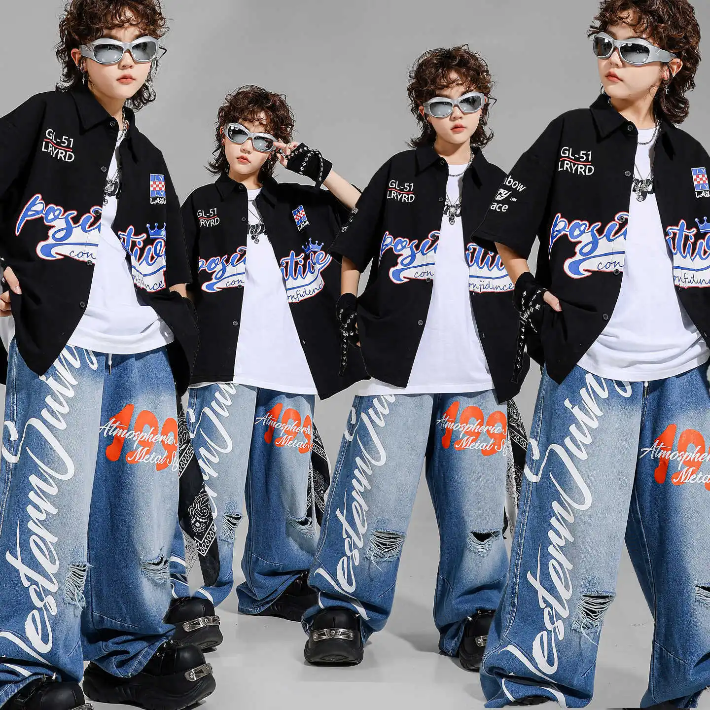 Kid Hip Hop Clothing Black Baseball Shirt Top Denim Blue Casual Distressed Ripped Jeans Pants for Girl Boy Dance Costume Clothes