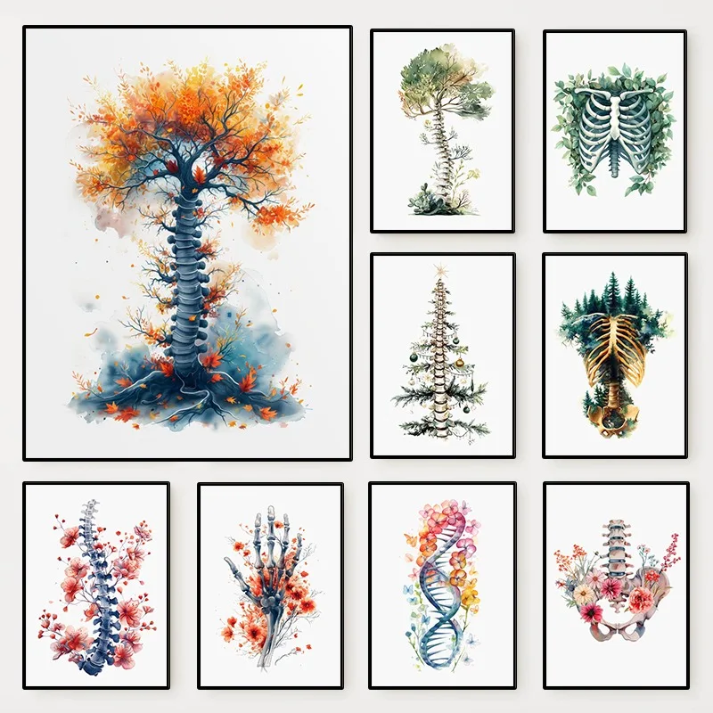 Floral Human Skeleton Anatomy Poster Ribcage Spine Tree Watercolor Canvas Painting Wall Art for Medical Office Room Home Deco