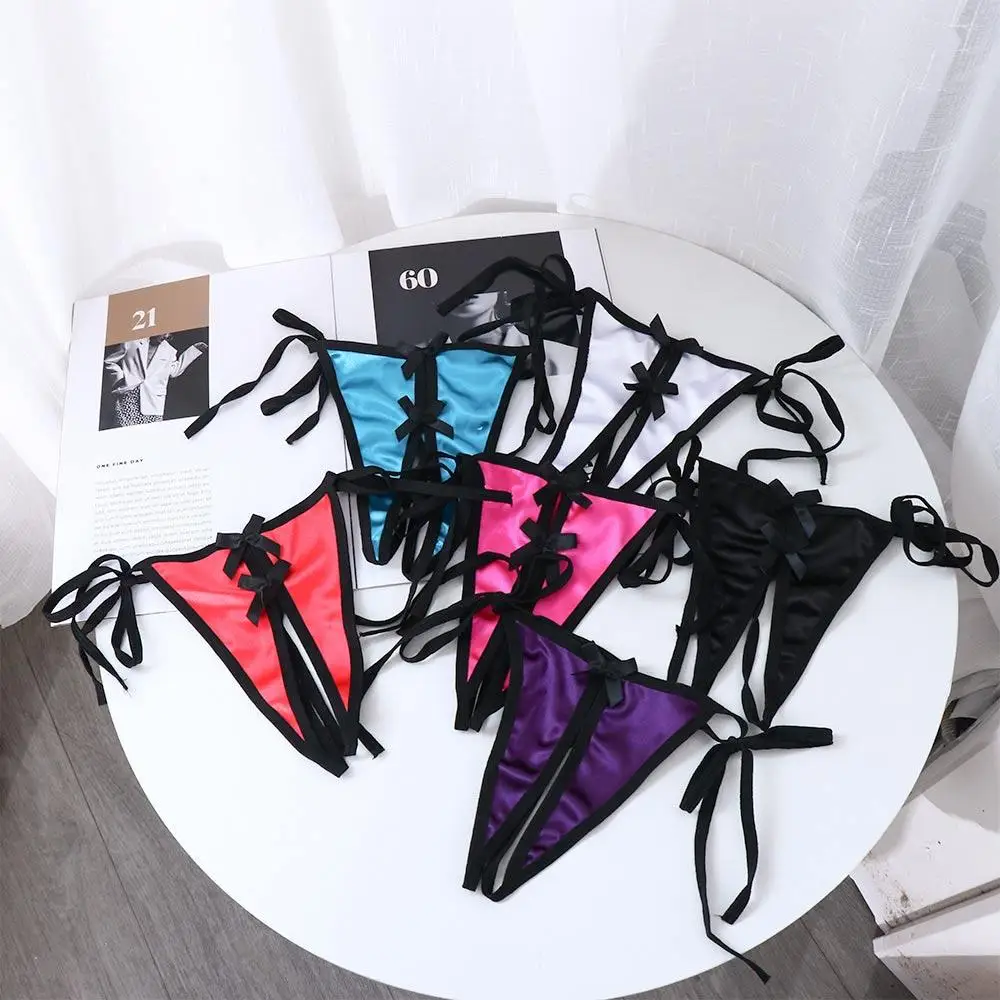 New Luxury Satin Thong Sexy Open Crotch Bow Women Panties Free Take Off T-back Pants Bandage Thin Belt Sex Temptation Briefs