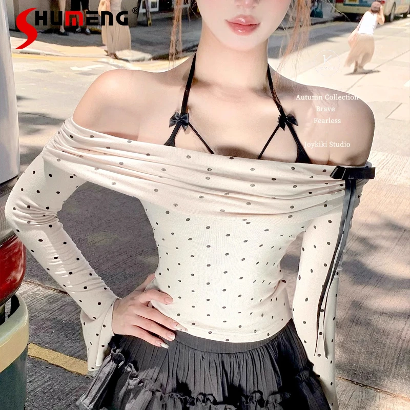 

2025 Autumn Japanese Off-Shoulder Polka Dot Slimming Top T-shirt Hot Girl Sweet Cute Long Sleeved Tie Tshirts Pullovers Ladies
