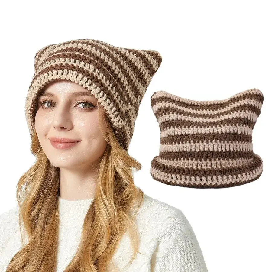 New Korean Beanie Handmade Striped Knitted Hat For Women Girls Autumn Winter Ins Yk2 Little Devil Cute Cat Ears Cap Party Gift