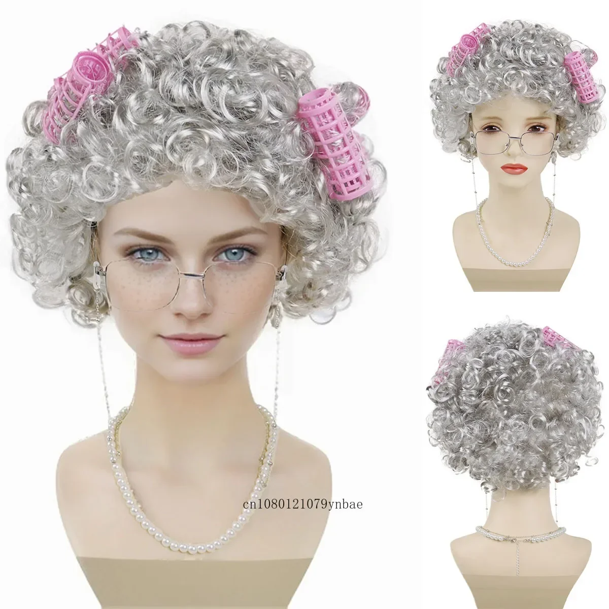 

Silver Grey Old Lady Synthetic Wig Set Women Wigs with Hair Rollers,Glasses,Eyeglass Chain,Pearl Necklace Daily Party Cosplay