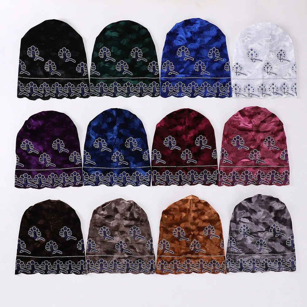 Rhinestone Underscarf Velvet Bonnet Beanies Women Muslim Hijab Inner Hat Chemo Cap Hair Loss Headscarf Head Wrap Turbante Mujer