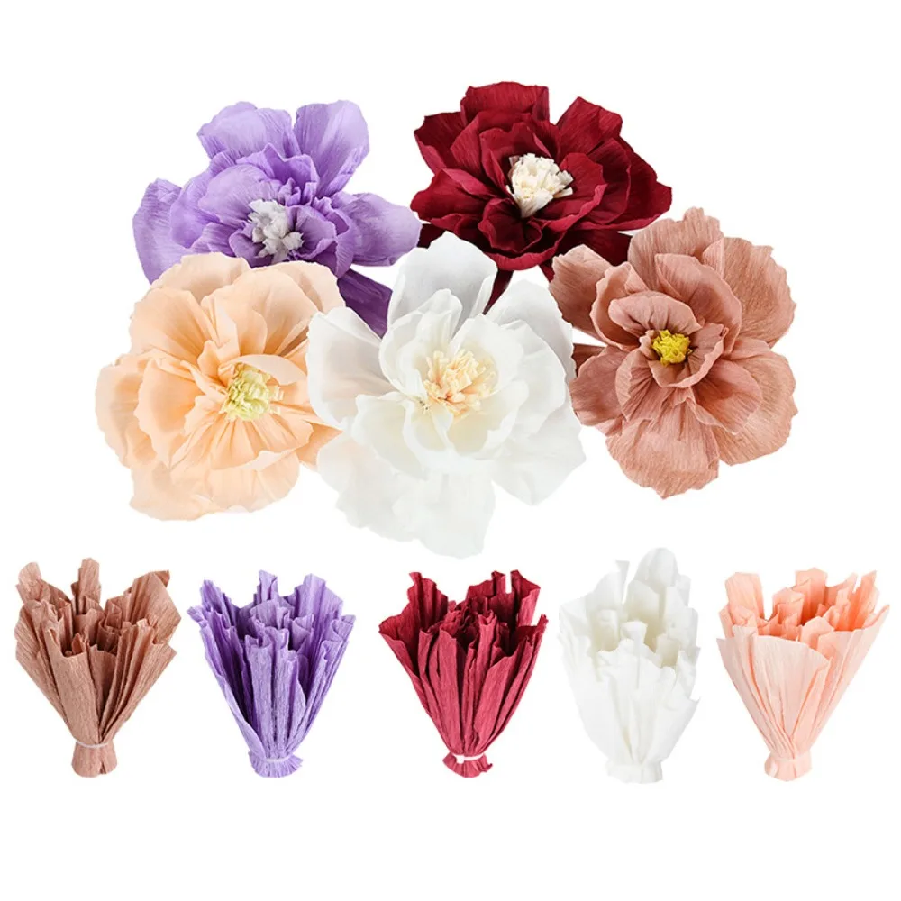 5pcs 25cm Crepe Paper Flower Festival Decor Light Weight Wrinkles Paper Flower Stereoscopic Multi Purpose Handmade DIY Flowers