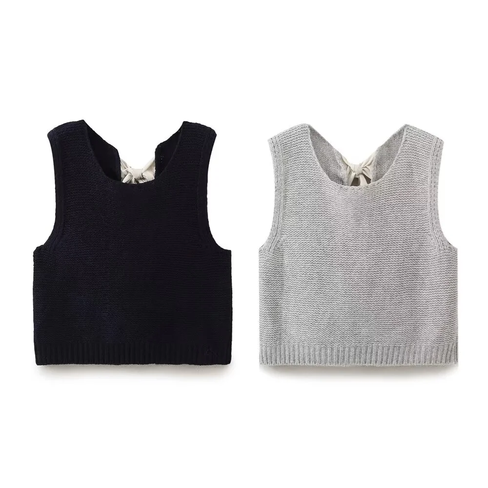 PB&ZA2024 Autumn New Women\'s Clothing Fashion Temperament Casual Sweet Versatile Tie up Decoration Round Neck Sweater Vest