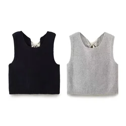 PB&ZA2024 Autumn New Women's Clothing Fashion Temperament Casual Sweet Versatile Tie up Decoration Round Neck Sweater Vest