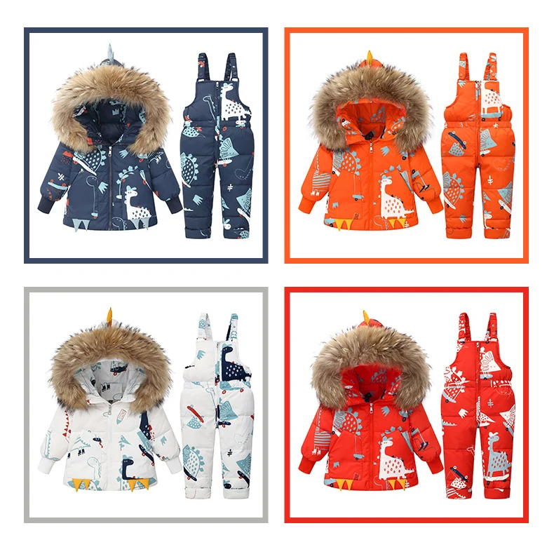 Children Winter Warm Down Jacket Parka Boy Baby Overalls Toddler Girl Clothes Kids Dinosaur Clothing Set Hooded Coat Snowsuit