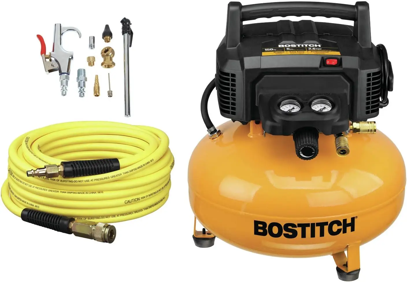 

Air Compressor Kit Oil-Free 6 Gallon 150 PSI Requires no daily maintenance and eliminates risk of oil stains on work surfaces