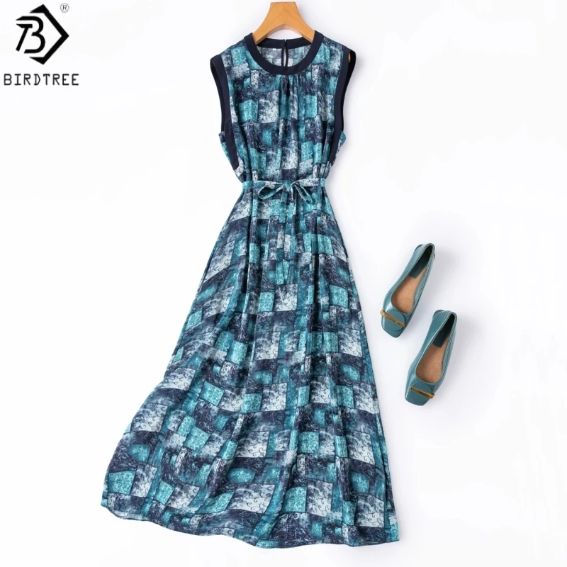 

BirdTree, 100% Real Silk Print Dress, O-neck Sleeveless Dress, Women Double Crepe Sash Loose Dresses, 2026 Summer New D66220JF