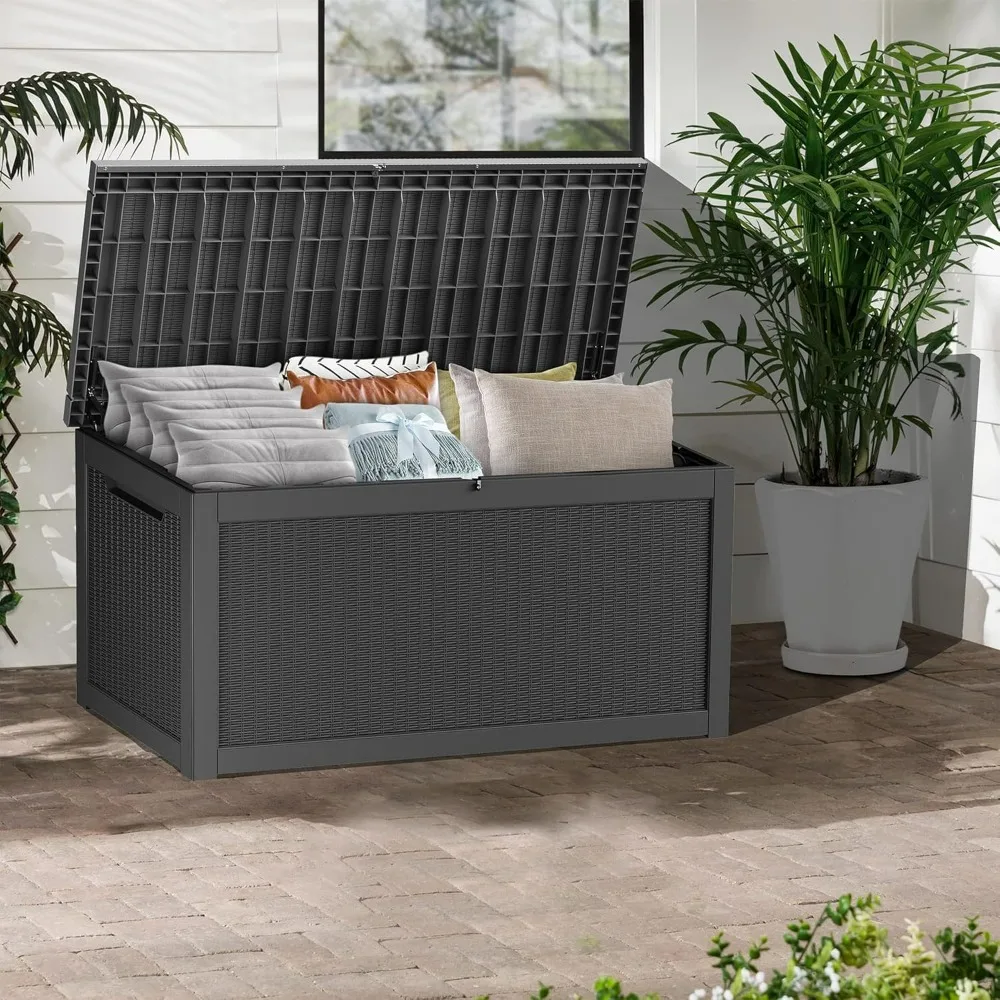 

100/150/180/320 галлонов, запираемая коробка из смолы, водонепроницаемая, устойчивая к ультрафиолетовому излучению, наружное хранилище для подушек, садовых инструментов и многого другого