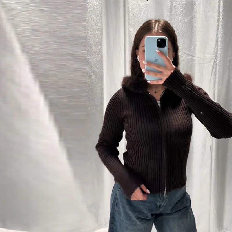 

Зимнее женское вязаное пальто с капюшоном, повседневное трикотажное пальто с воротником из искусственного меха и капюшоном, тонкая куртка, новинка 2024, осенняя универсальная женская уличная одежда