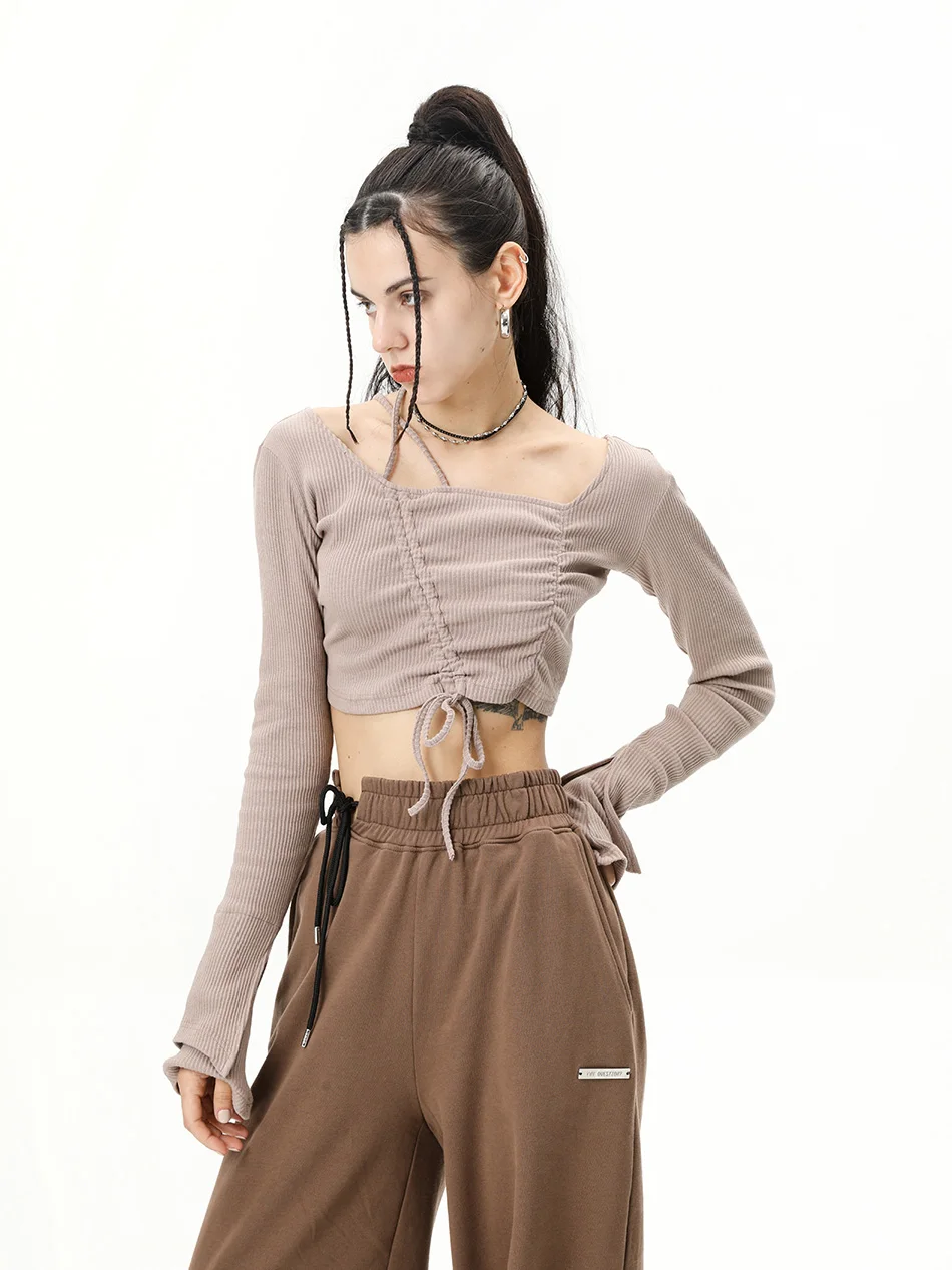 

ANYQUESTION O-Ne Long Sve Knitted Top with Dstring And Bell Sves Faionable Women's Slim Fit Vest in Oaeal Color