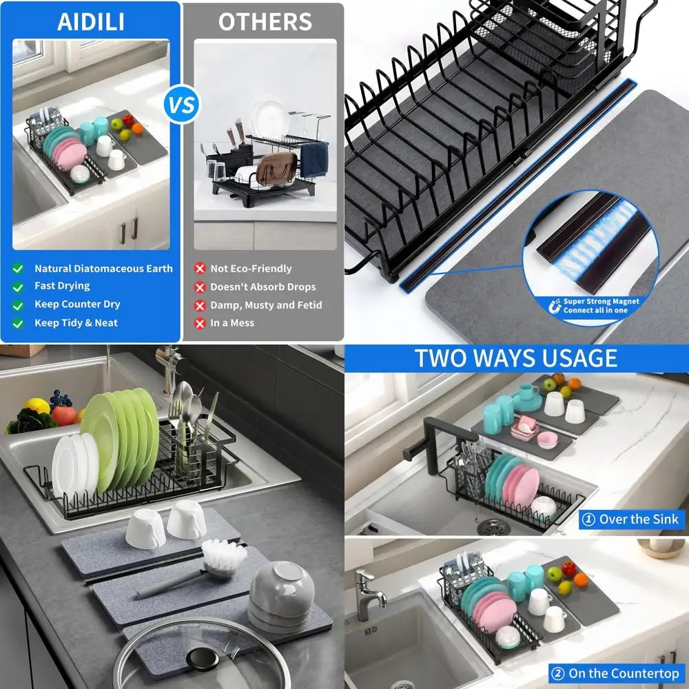 

Expandable Sink Dish Rack with Stone Tray for Quick Drying, Fits 12.1-18.9 Kitchen Sinks