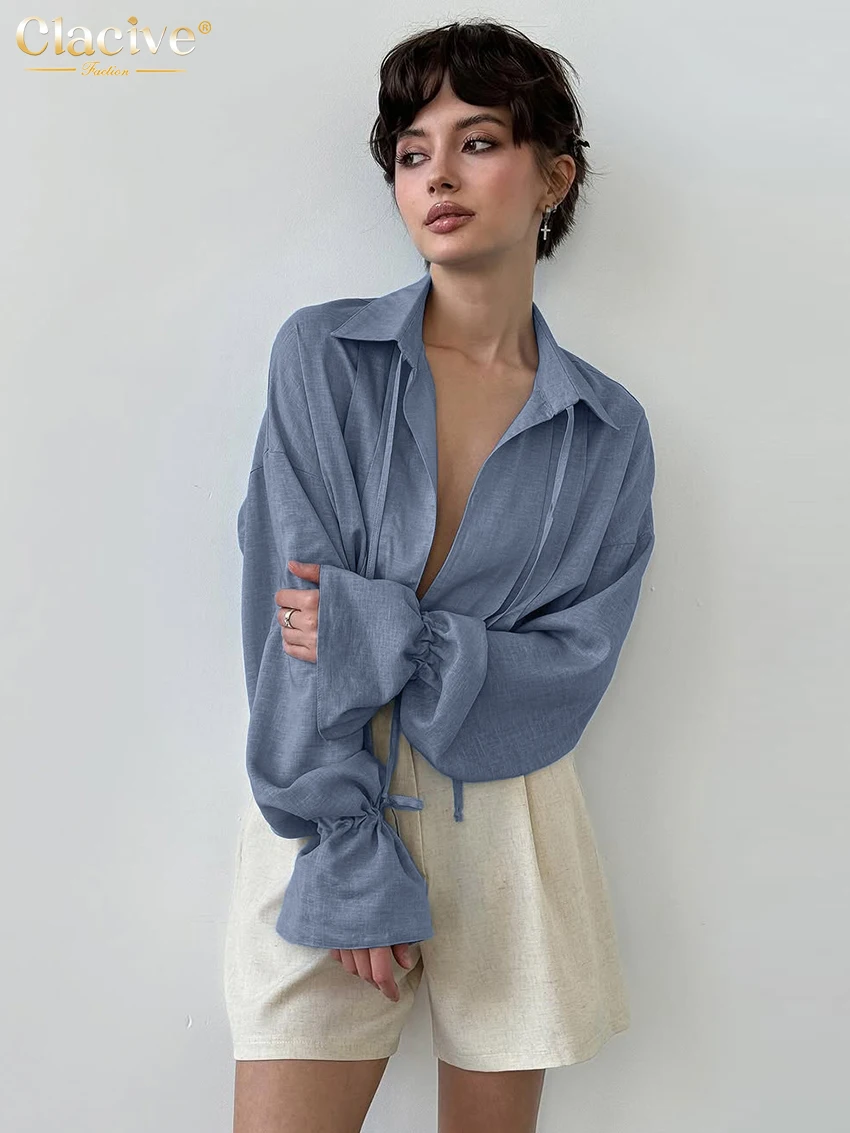 Clacive Fashion Loose Blue Women's Shirt 2025 Sexy Lapel Long Sleeve Shirts Lady Elegant Classic Lace-Up Tops Female Clothing