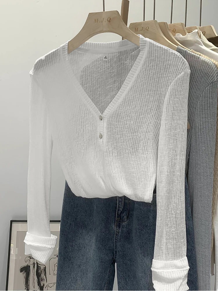 Black Long Sleeve T-shirt For Women V Neck Button Tshirts Sexy Slim Korean Thin Spring Summer White Tops Basic Tee Shirt Clothes