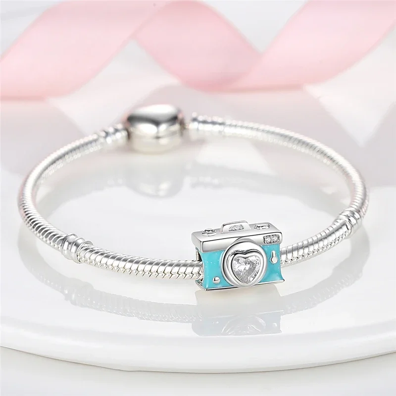 Charms Silver 925 Light Green Camera Heart-shaped Beads Fit Charms Plata 925 Original Bracelet Beads Women Jewellery Making