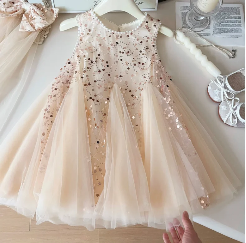 Vestito dalla maglia di paillettes delle neonate di estate al dettaglio, abbigliamento di modo dei bambini della principessa 2-7T