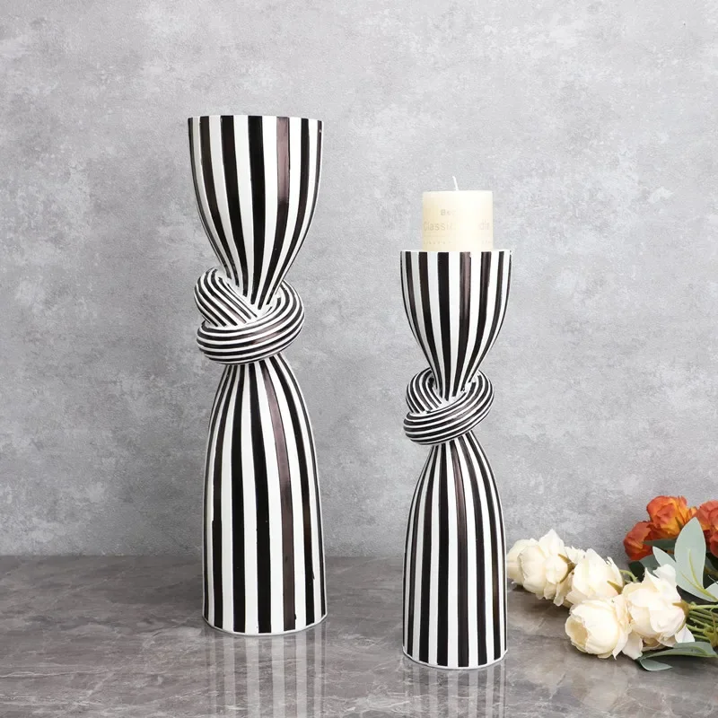 Black and White Striped Twisted Rope Knot Single Candle Holder, Resin, Dining Table Wedding Center Decoration, Modern Decoration