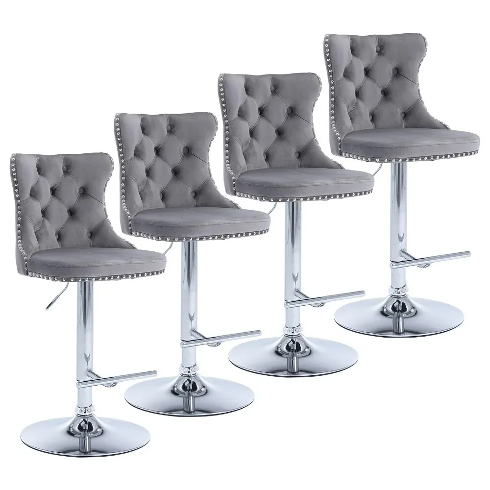 Velvet Counter Height Bar Stools Set of 4, Button Tufted Stools, Adjustable Swivel Bar Chairs with Upholstered Seat Back