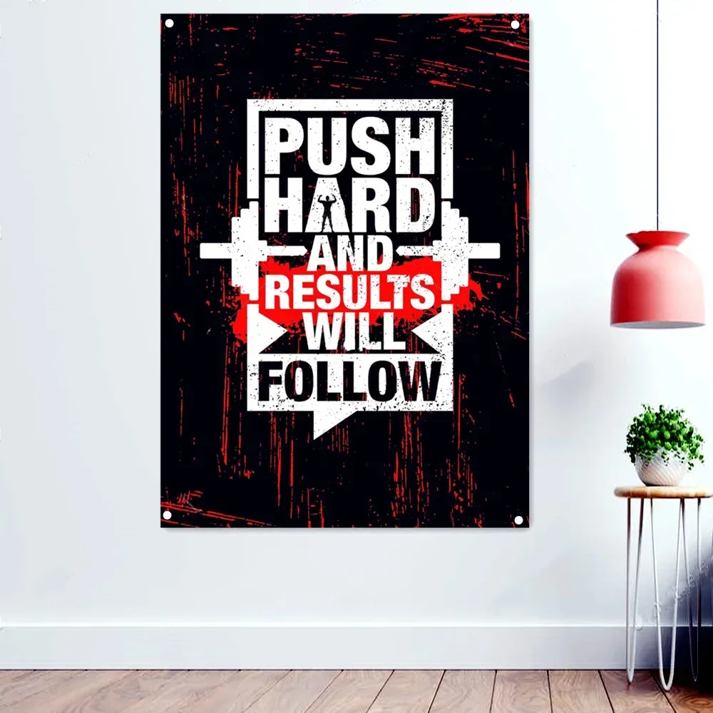 PUSH HARD AND RESULTS WILL FOLLOW Gym Workout Motivation Poster Fitness Bodybuilding Exercise Wallpaper Banner Flag Wall Decor