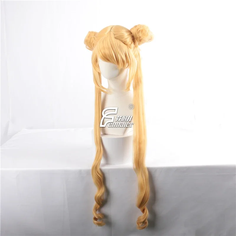 Comic Anime Sailor Moon cosplay wig Usagi Tsukino Role Play Golden color long wig with two Buns lemon yellow wig costumes