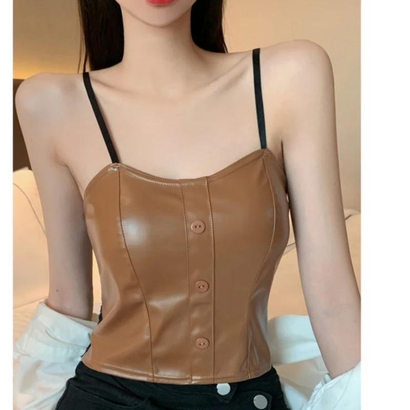 Spice Girl Pu Leather Halter Vest Female Autumn and Winter with Chest Pad Short Inside The Top  The Bottom of The Shirt To Wear