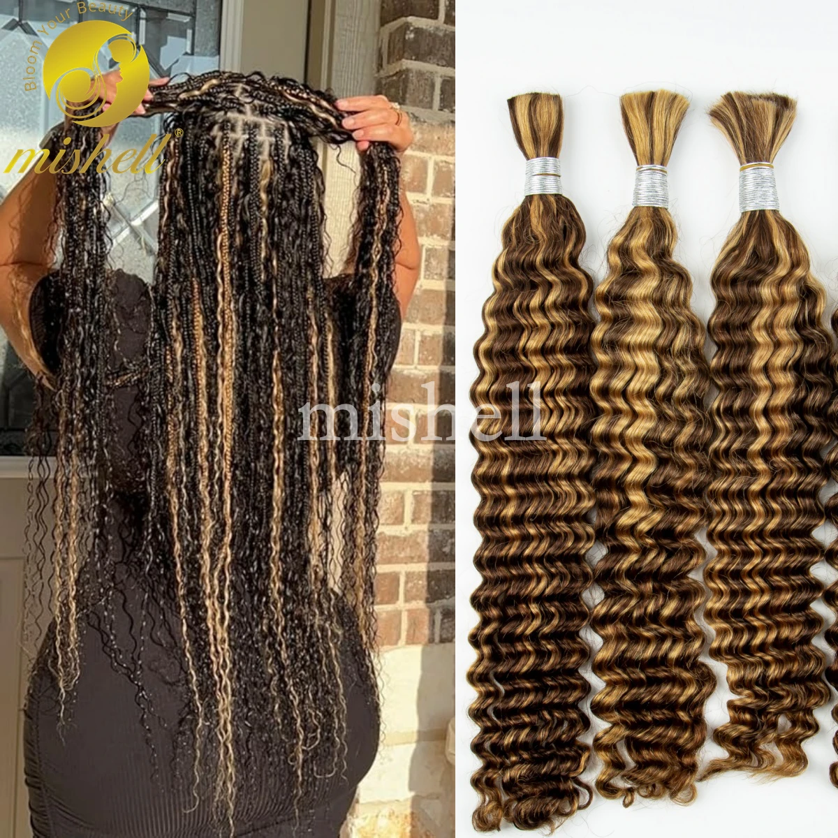 

26 28inch 4/27 Highlight Ombre Deep Wave Human Hair Bulk for Braiding 100% Water Wave Virgin Hair Bundles No Weft for Boho Braid