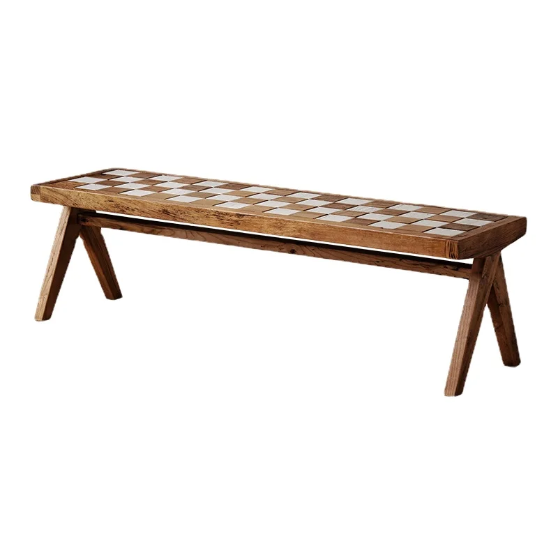 Yhl Chessboard Grid Patchwork Bench Solid Wood Bed End Stool Modern Simple Home Dining Stool