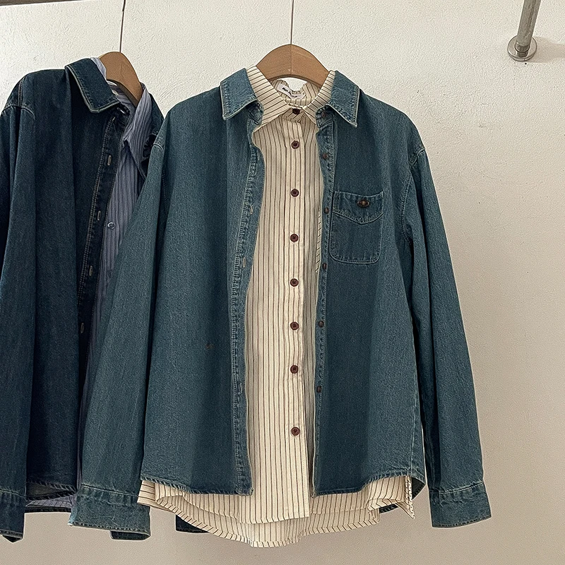 

Autumn New Denim Jacket for Women Casual Versatile Long Sleeve Loose Coats Fashion Laple Collar Thickened Outerwear Mid-length