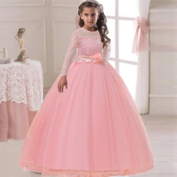 Elegant Pink Bridemaid Party Girls Dress Long Sleeve Flower Tulle Wedding Princess Dresses for Kids First Communion Prom Costume