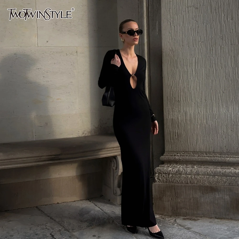 TWOTWINSTYLE Modna Sukienka Bodycon dla Kobiet z Dekoltem w Serek, Wycięciami, Długimi Rękawami, Wysokim Stanem, Elegancka Sukienka Damska