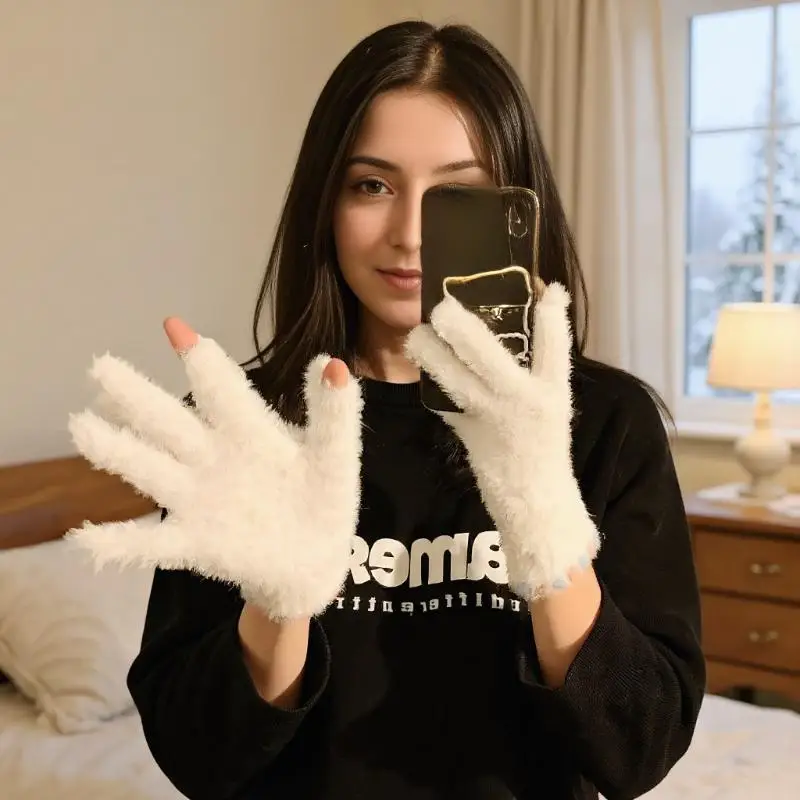 قفازات لطيفة مفتوحة الأصابع تعمل باللمس من القطيفة بخمسة أصابع للنساء في الشتاء، مخملية دافئة وسميكة لطلاب ركوب الدراجات #2