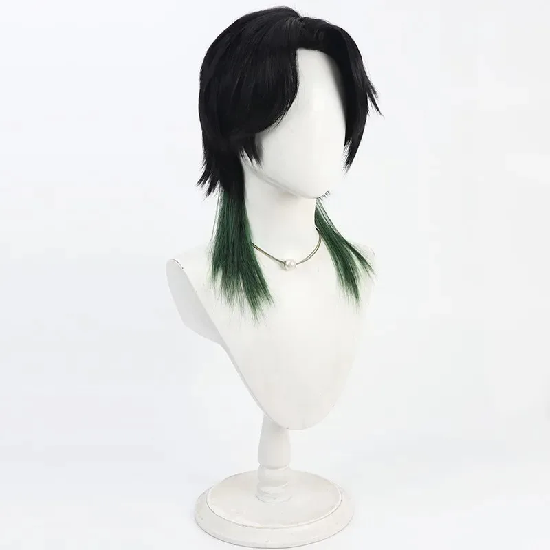 2025 aaa 니지산지 EN Vtuber Zeal Ginjoka 코스프레 가발 40cm 짧은 검정색 혼합 녹색 내열성 합성 머리카락