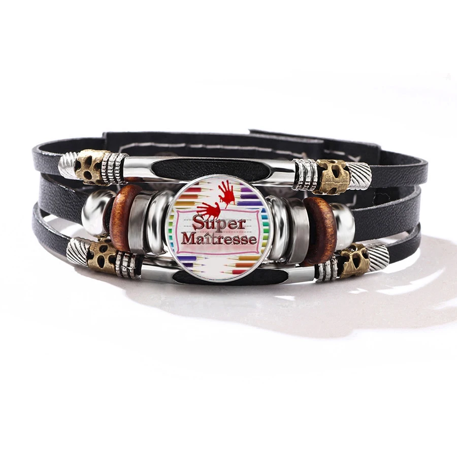 Popular  Kindergarten Teacher Appreciation Themed Leather Bracelet Bright Crayon Retro Wristband Perfect Term Holiday Gift