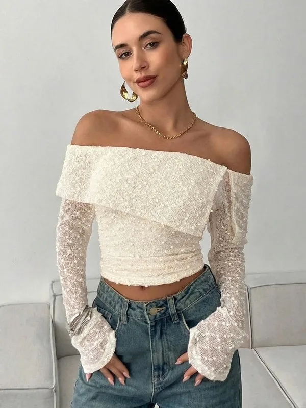 Women Apricot T-shirt Y2K Gyaru Elegant Off Shoulder Long Sleeve T-Shirt Vintage Korean style Slim Fit Tee Top for Women Autumn