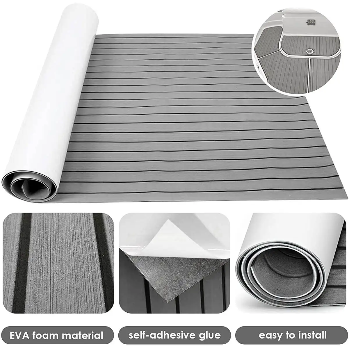 2400x900x5mm Self-Adhesive EVA Foam Faux Teak Decking Sheet Marine Flooring Boat Decking Sheet Gray Black Striped Pad Mat