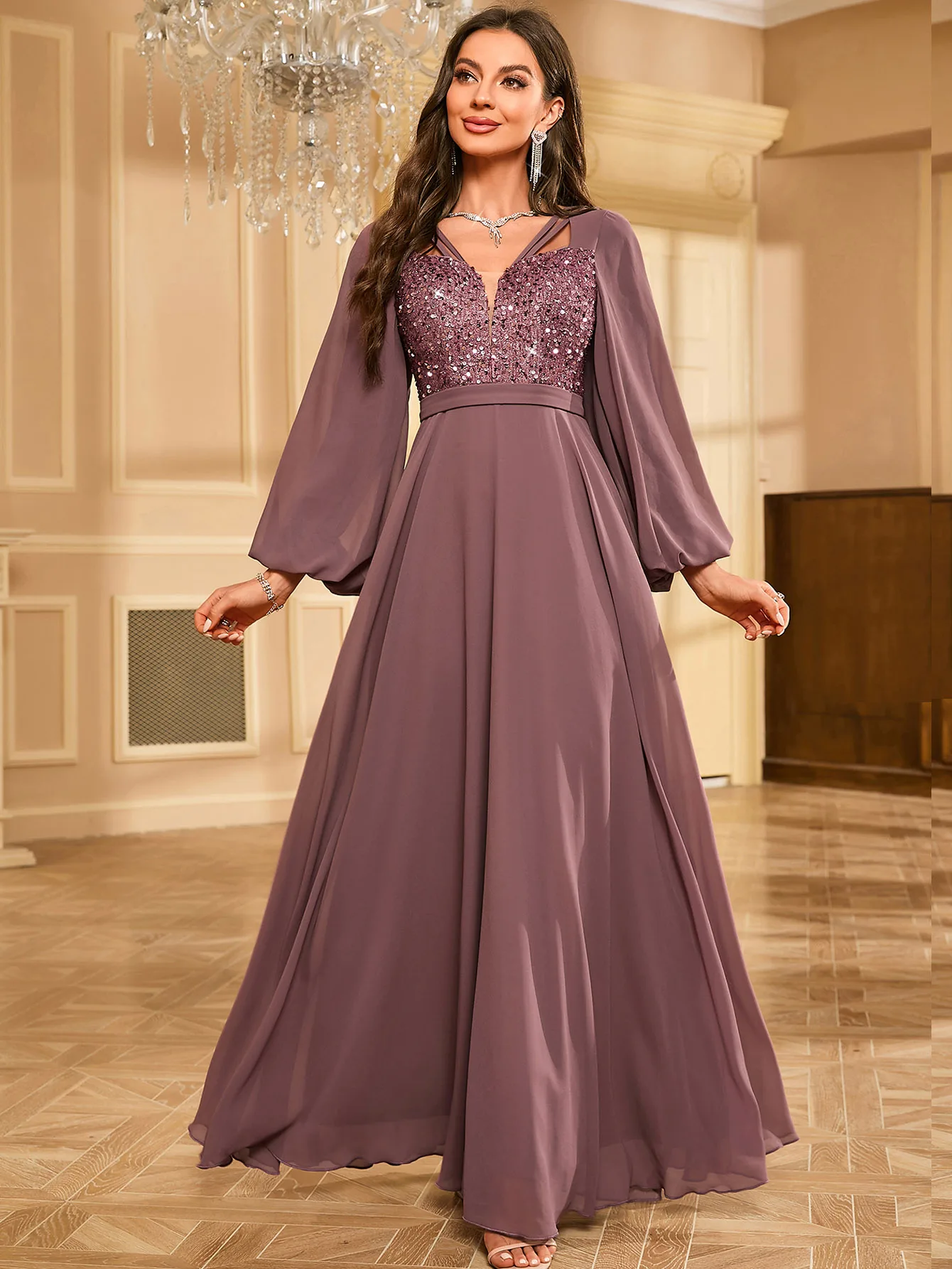 

UNITHORSE Elegant V-neck lantern sleeve sequin embellished chiffon evening gown dress for women