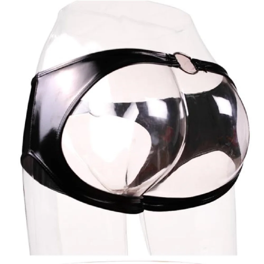 النساء Crotchless الملاكمين PVC فو الجلود سراويل مع حلقة سحب الخصر مشرق الجبهة الخلفية الجوف خارج الملاكمين الصغيرة سيور الملابس الداخلية