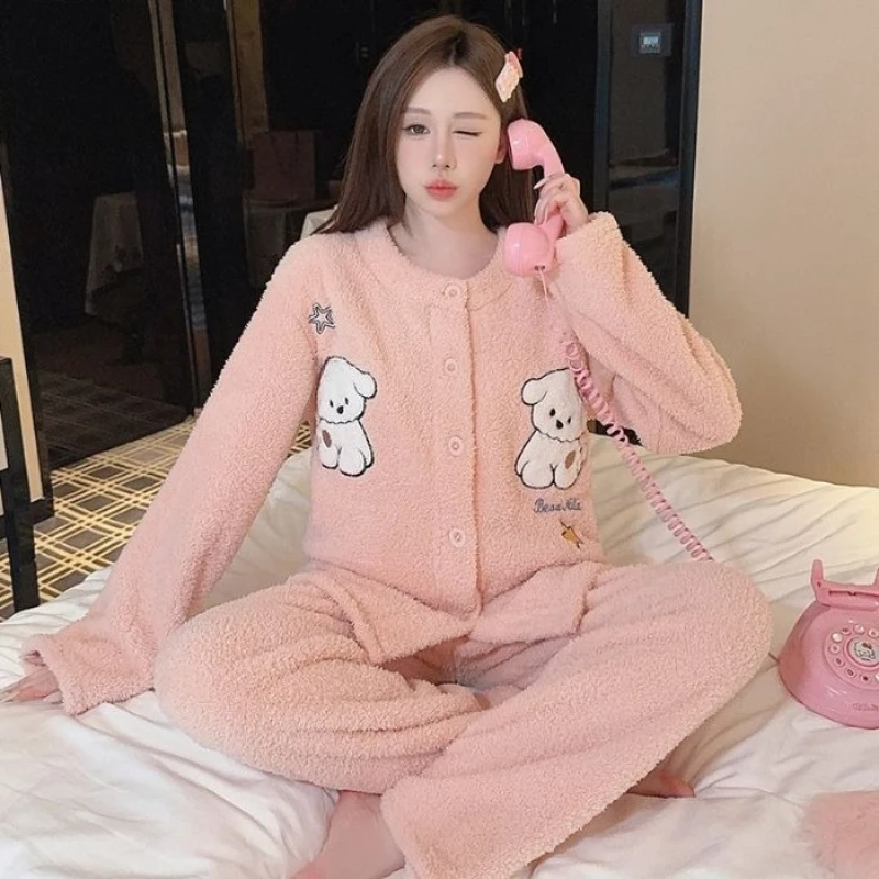 

5XL Plus Size Winter Pajamas Set Women's Cartoon Thickened Hale Fleece Sleepwear Korean Student 2-Piece Set Flannel Loungewear