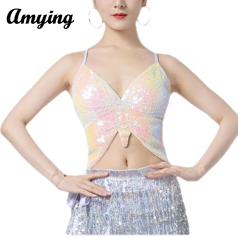 

Women Sexy Sequins Top Lady Belly Dance Stage Performance Tops Glitter Butterfly Bra Party Club Wear Adjustable Backless Costume