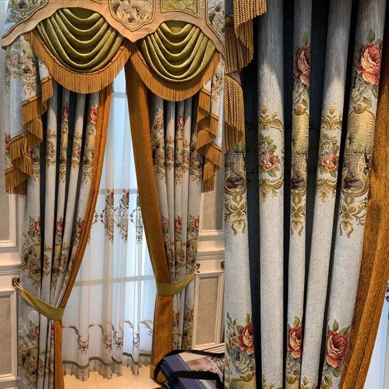 High-end European Style Luxury Villa Living Room Bedroom Chenille Blackout Curtain Cloth Window Screen Customization