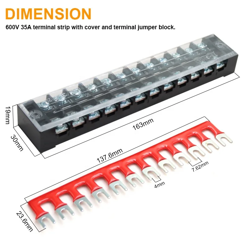 TB-3512 600V 12 Way Dual Row & Ground Jumpers Terminal Block Wire Screw Stripe Insulated 35A Bus Bar with Cover