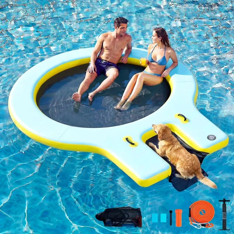 Inflatable Water Hammock Lake Floats Round Inflatable Floating Dock with Dog Ramp Sunchill Float Ring Hammock Tanning Pool
